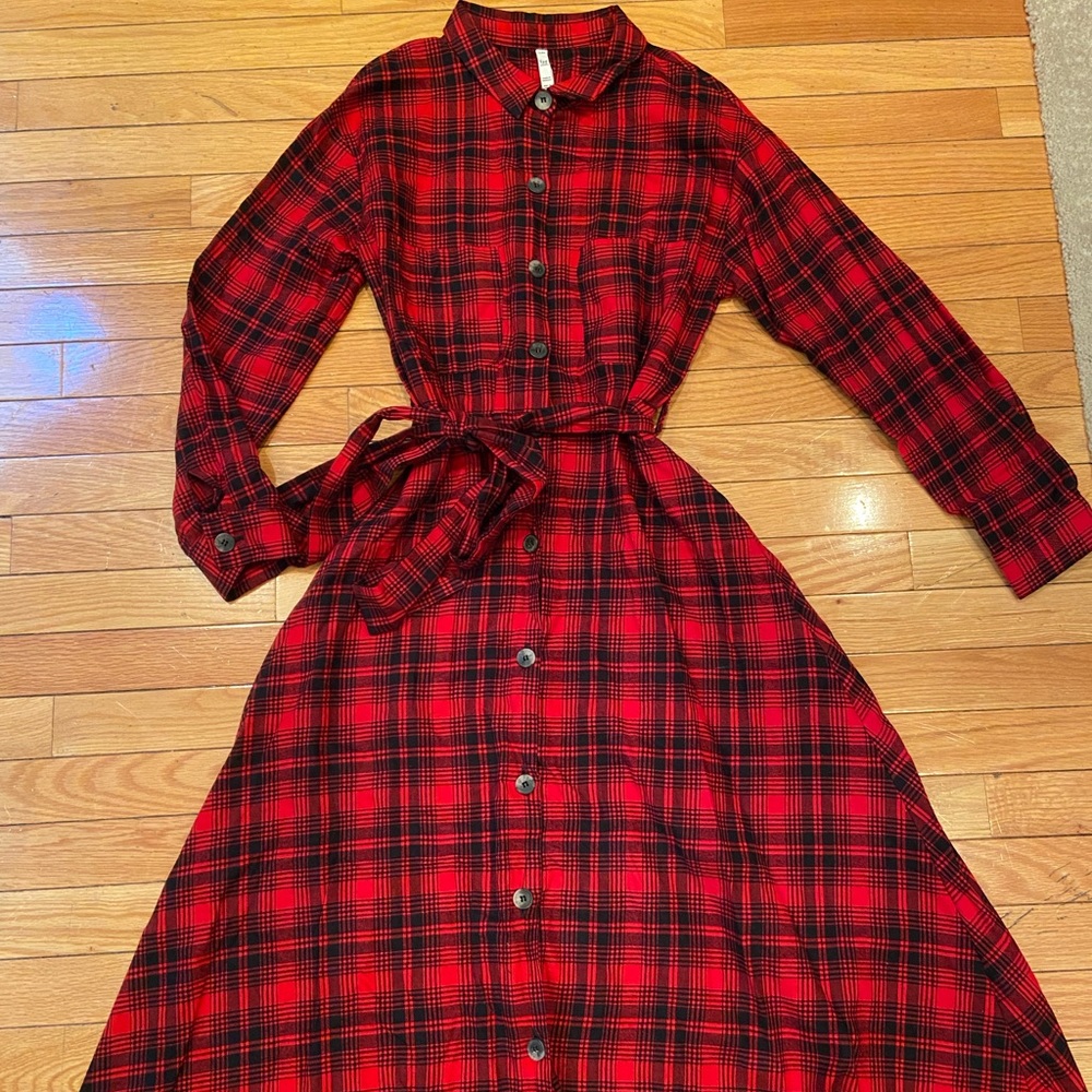 ZARA TRF red and black tartan long sleeve dress